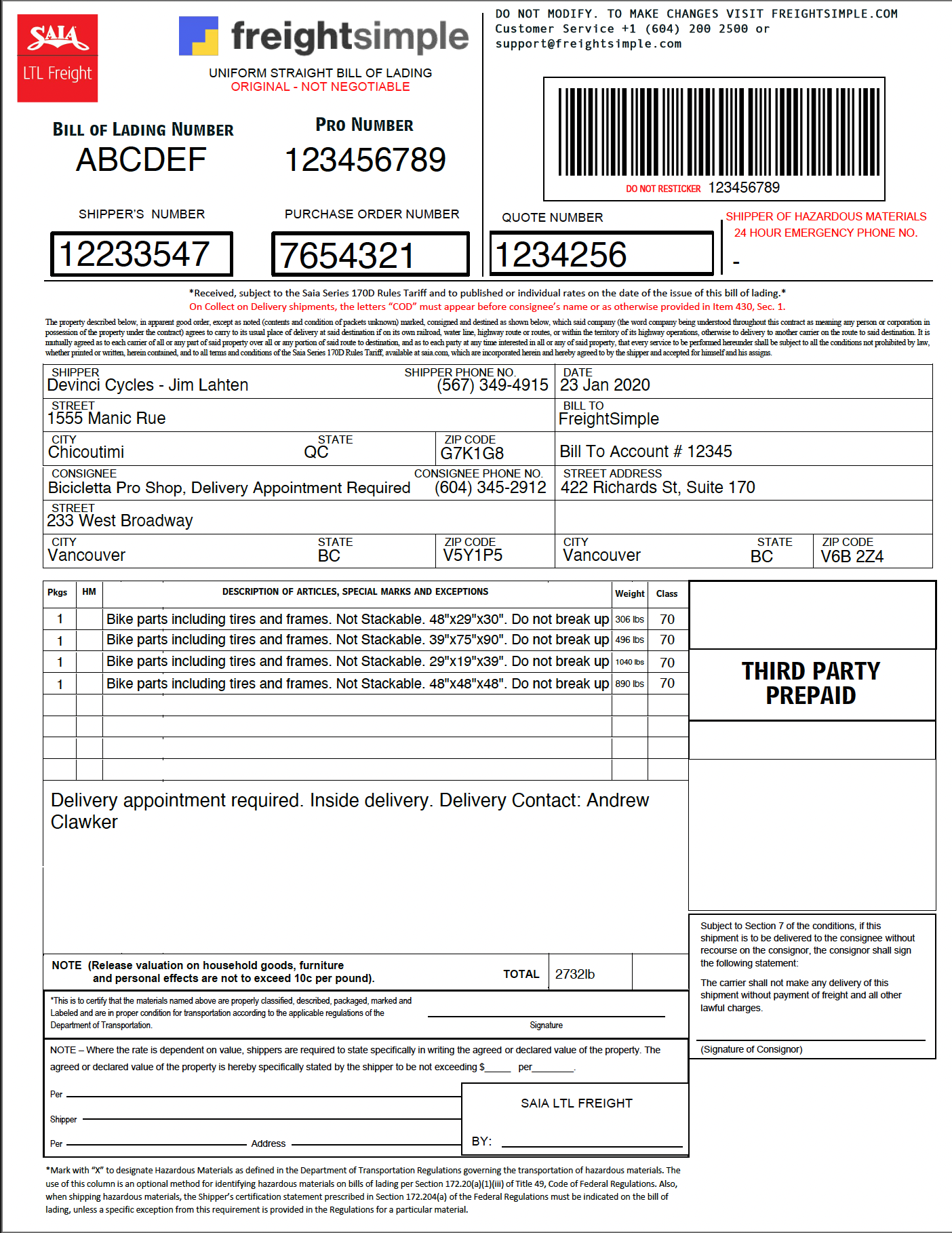 FreightSimple generated Bill of Lading document