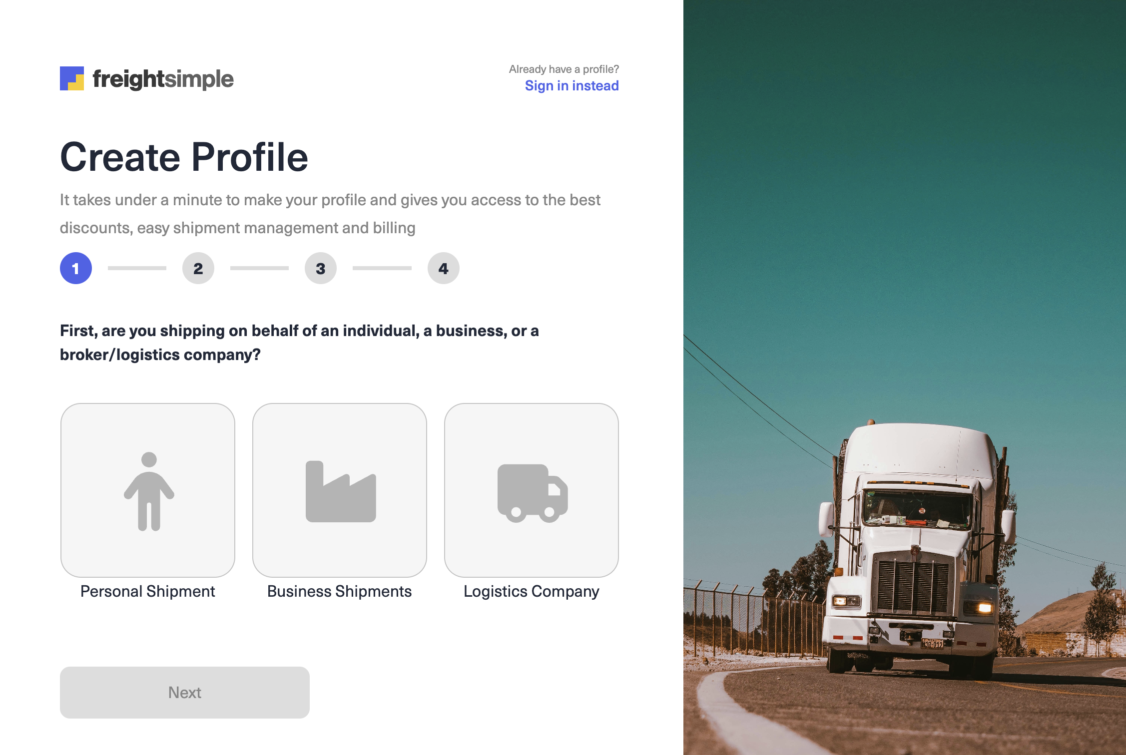 FreightSimple create profile screen showing account setup steps